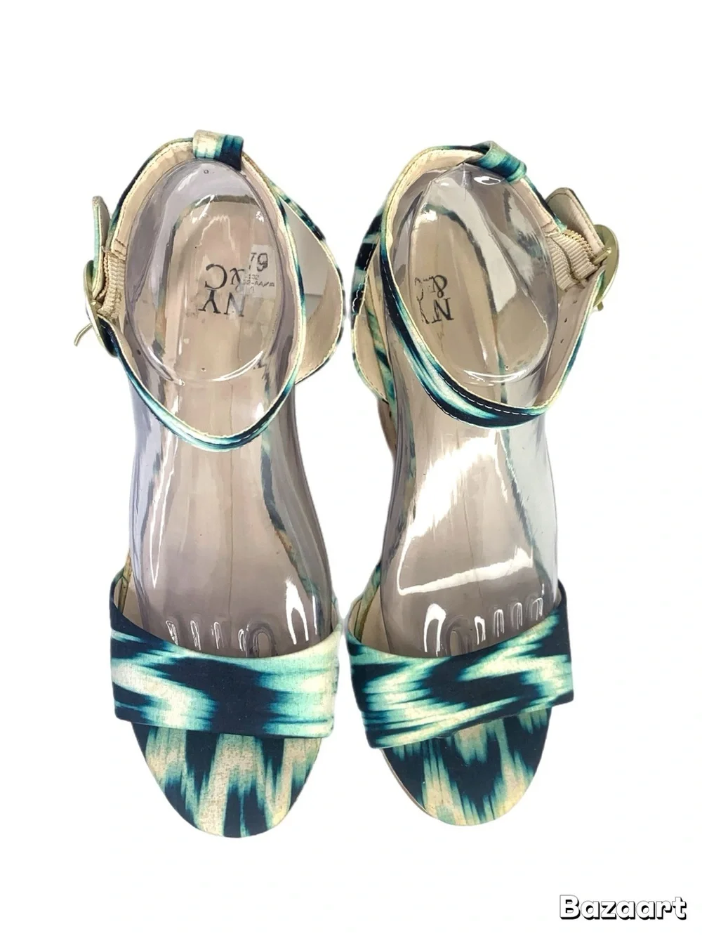 New York & Company Blue Green Abstract Print Cork Wedge Sandals Women’s Size 9